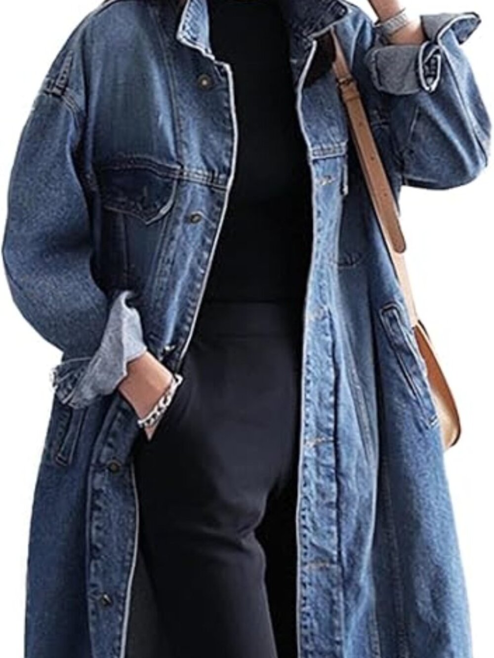Womens Classic Jean Jacket Plus Size Loose Long Sleeve Button Down‎ Denim Trench - Picture 2 of 3
